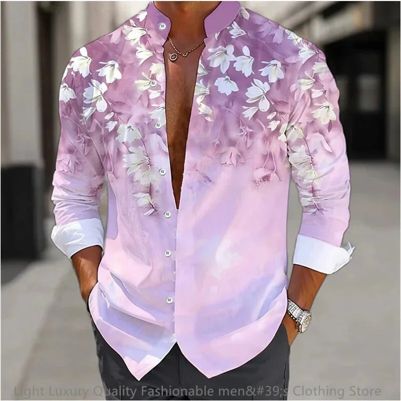 3D Floral Print Shirt - Long Sleeve Mandarin Collar