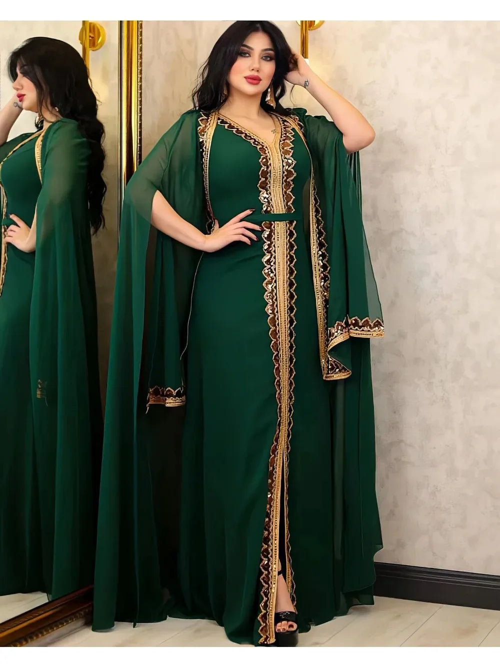 Elegant Sequin Abaya - 2 Piece Chiffon Set