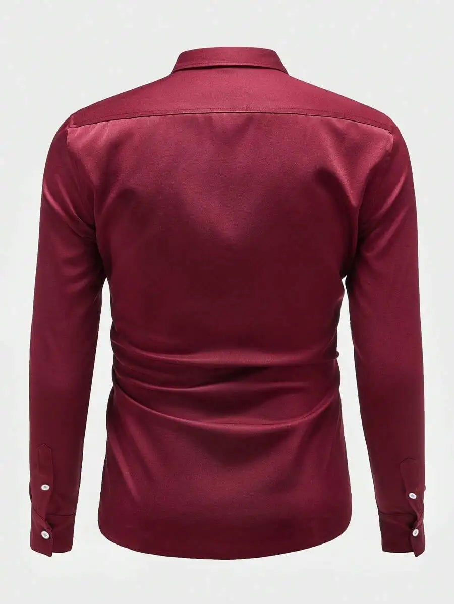 Men's Satin Solid Color Long Sleeve Dress Shirt for Fall
