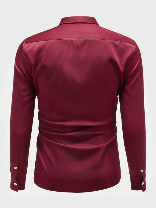 Men's Satin Solid Color Long Sleeve Dress Shirt for Fall