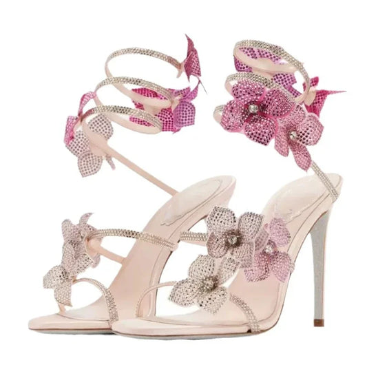Crystal Flower Thin High Heel Sandals - Ankle Strap Stilettos