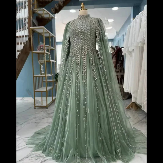 Sage Green Caftan Evening Formal Dresses with Cape Wrap Silver Applique Gillter Customsized Saudi Arabic Prom Gown