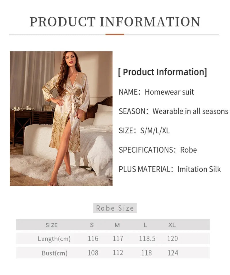 Women's Home Print Long-sleeved Nightgown Lace-up Simple Cardigan Pajamas Bathrobe