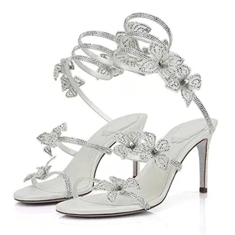 Crystal Flower Thin High Heel Sandals - Ankle Strap Stilettos