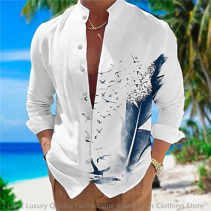 3D Floral Print Shirt - Long Sleeve Mandarin Collar