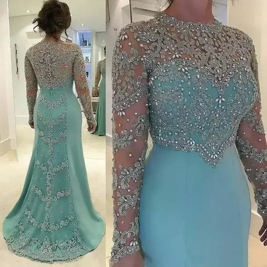 Sparkling Sequin Elegant Evening Gown Long Sleeved Beaded Crystal Bridal Gown Formal Ball Gown Customized