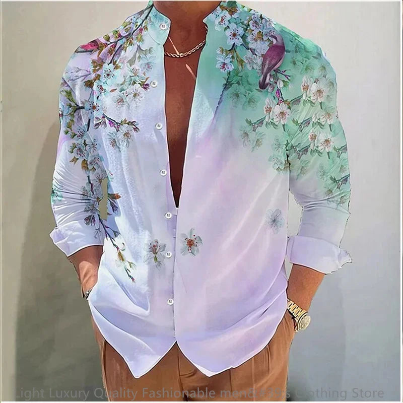 3D Floral Print Shirt - Long Sleeve Mandarin Collar