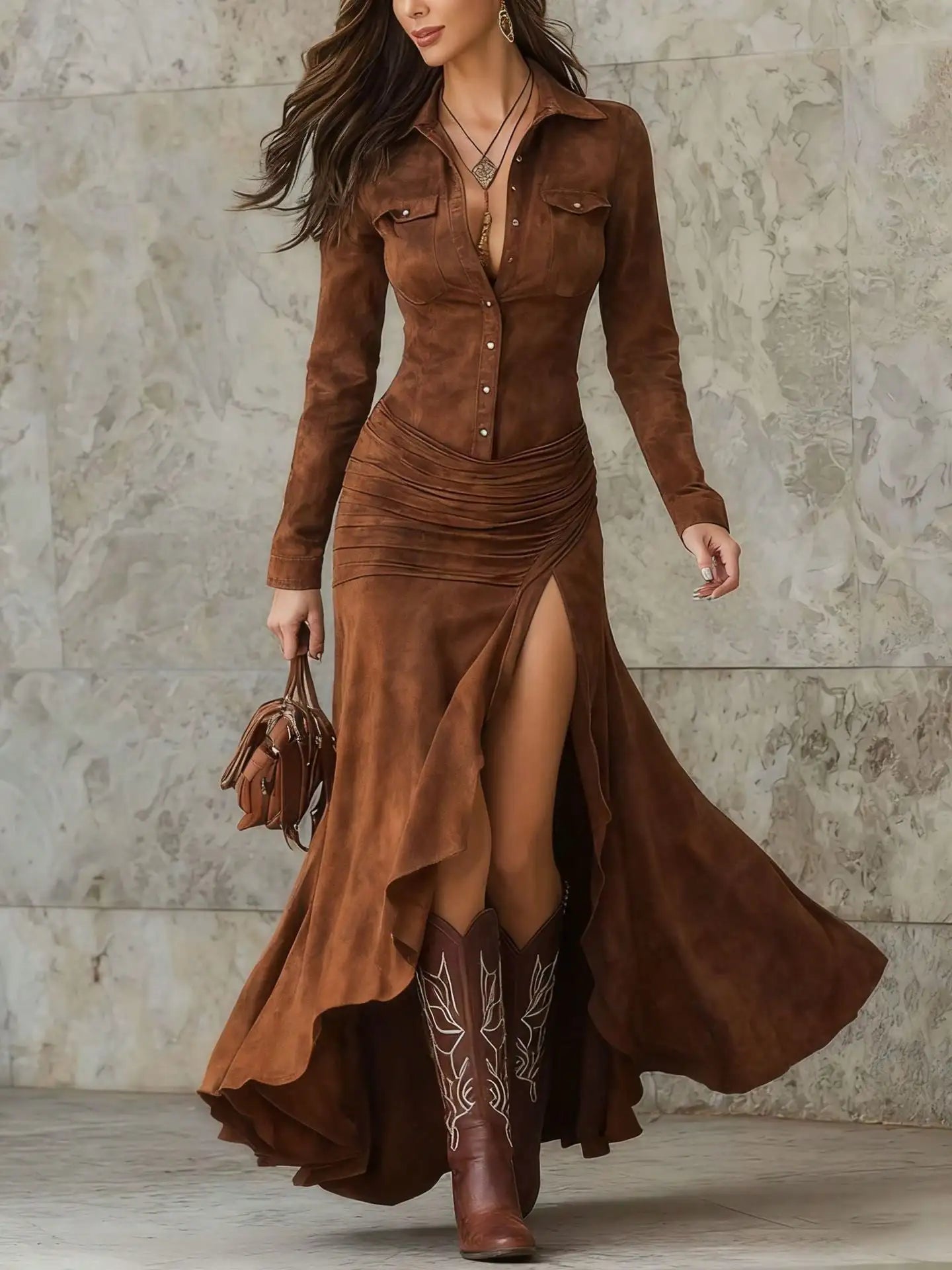 Suede Maxi Dress - Button Front with High Slit