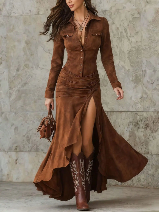 Suede Maxi Dress - Button Front with High Slit