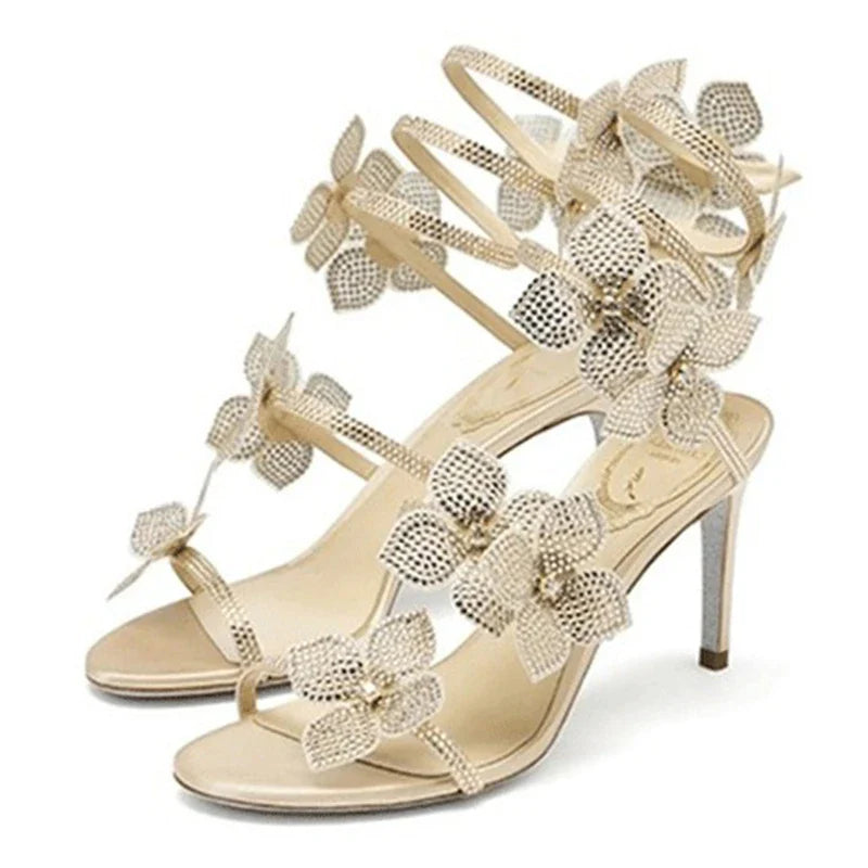 Crystal Flower Thin High Heel Sandals - Ankle Strap Stilettos