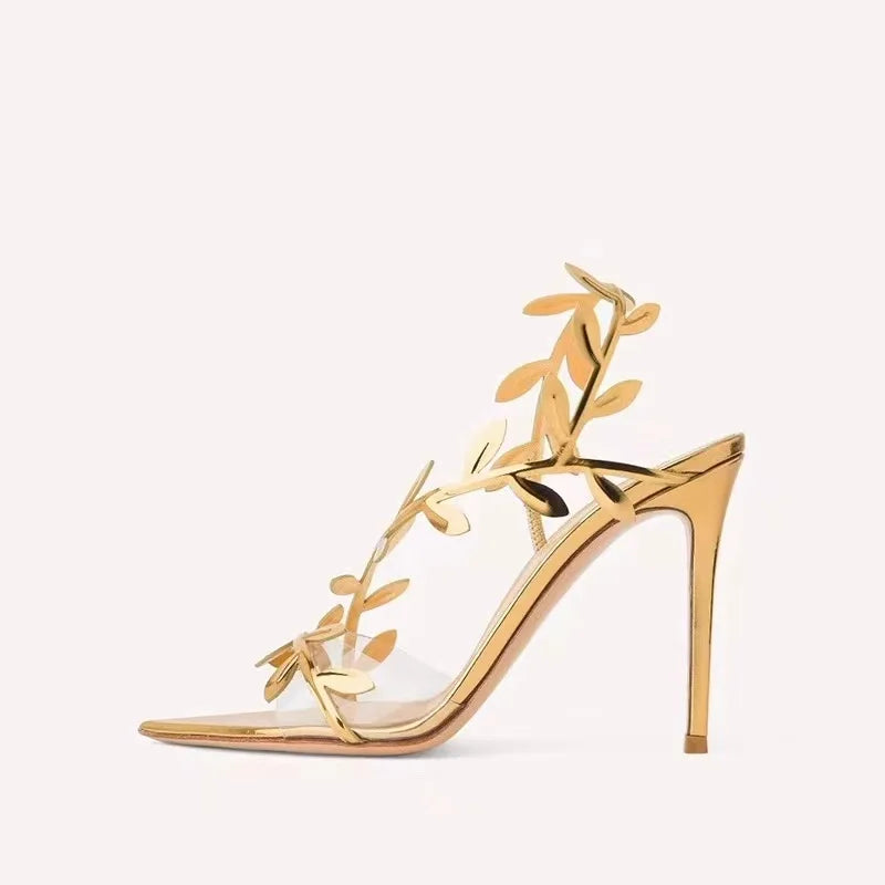 Gold Leaf Leather Gladiator Sandals - Pointed Toe High Heels