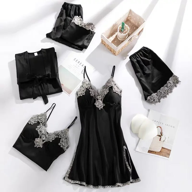 Lace 5PCS Sleepwear Nightgown Sets Bride Kimono Bathrobe Gown Satin Lady Nighty&Robe Sleep Suit Sexy Home Clothes Wedding Robe
