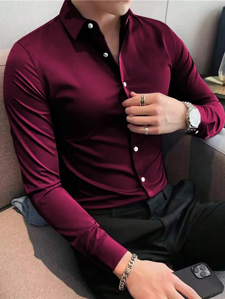 Men's Satin Solid Color Long Sleeve Dress Shirt for Fall