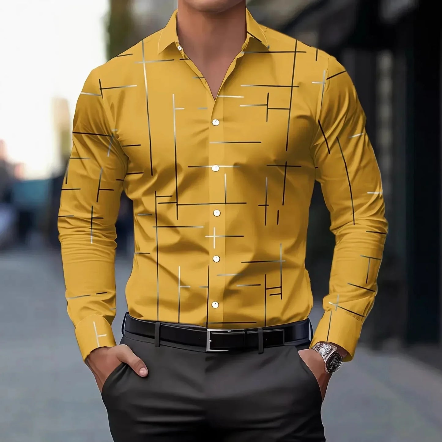 3D Print Line Pattern Shirt - Stand Collar