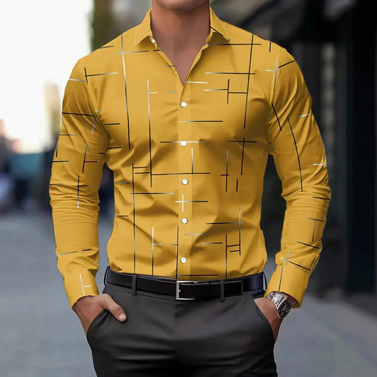 3D Print Line Pattern Shirt - Stand Collar