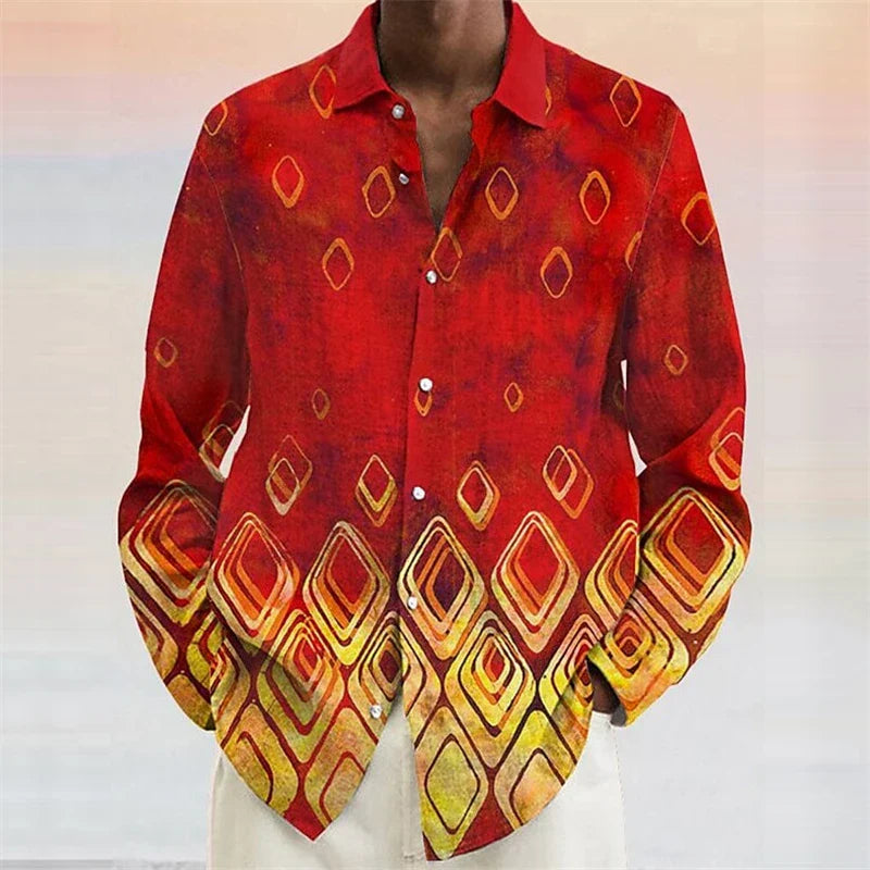 Men's Color Block Shirt - Long Sleeve Lapel Button Down