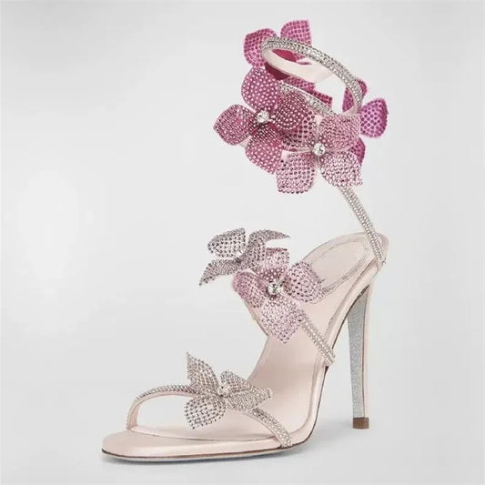 Crystal Flower Thin High Heel Sandals - Ankle Strap Stilettos