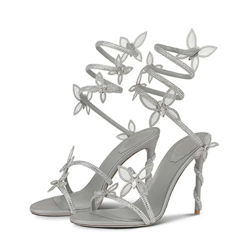 Crystal Flower Thin High Heel Sandals - Ankle Strap Stilettos