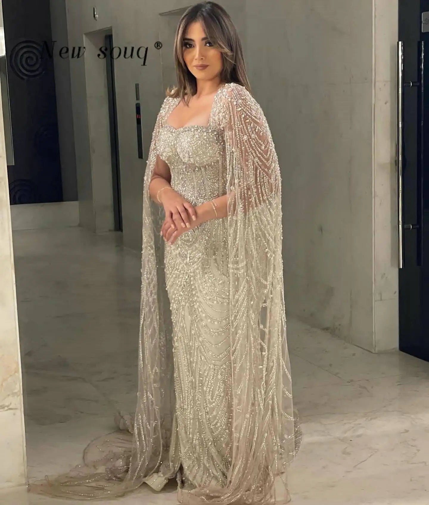 Luxury Beaded Kaftan Party Dress with Cape Sleeve – Plus Size Wedding Gown