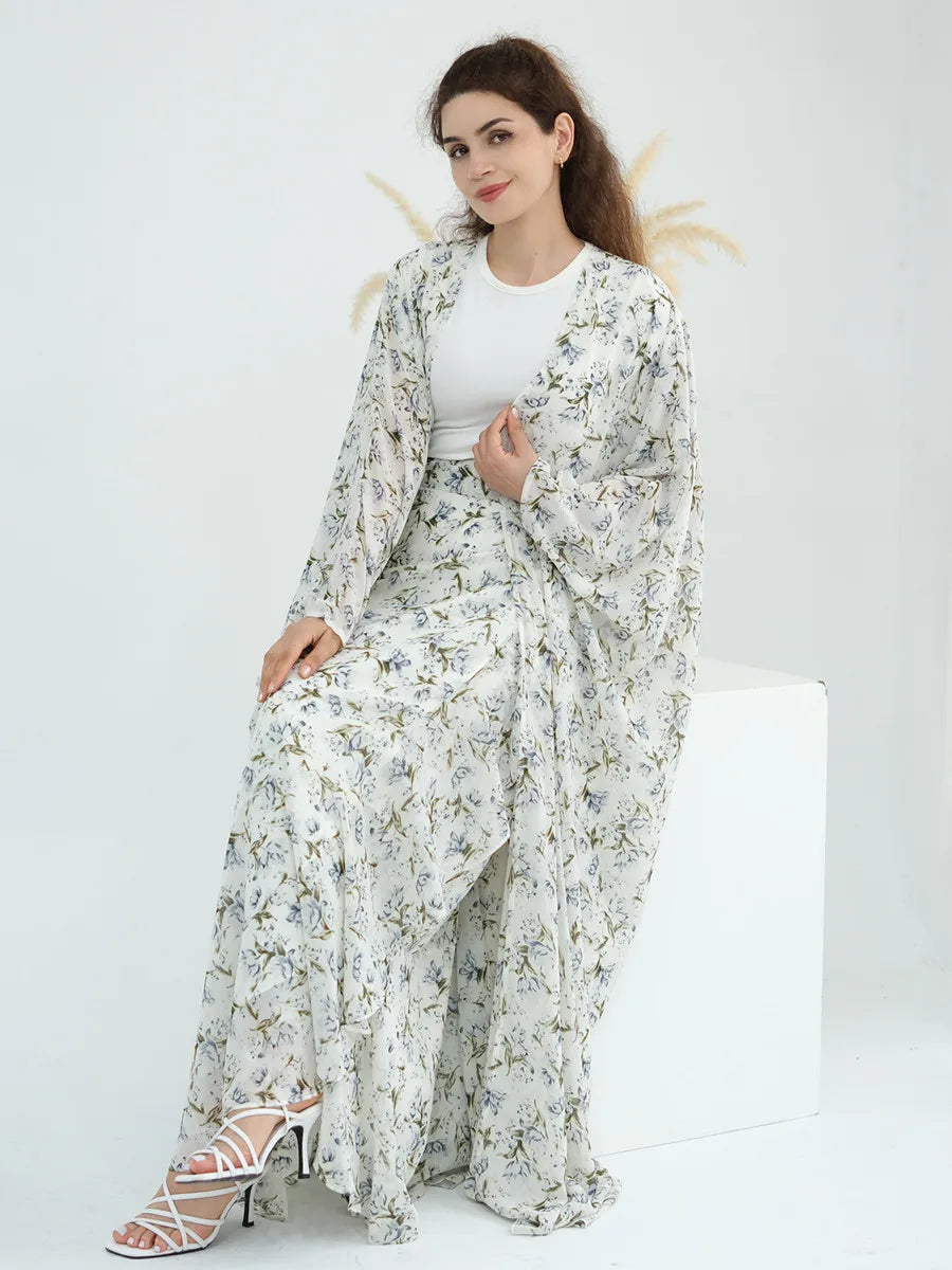 Floral Chiffon Abaya - 2 Piece Kaftan