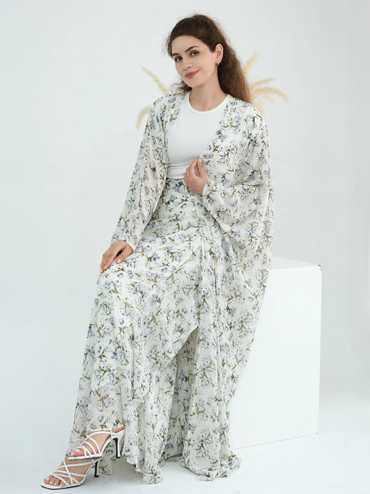 Floral Chiffon Abaya - 2 Piece Kaftan