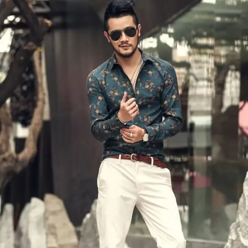 Floral Print Men's Shirt - Slim Fit Long Sleeve