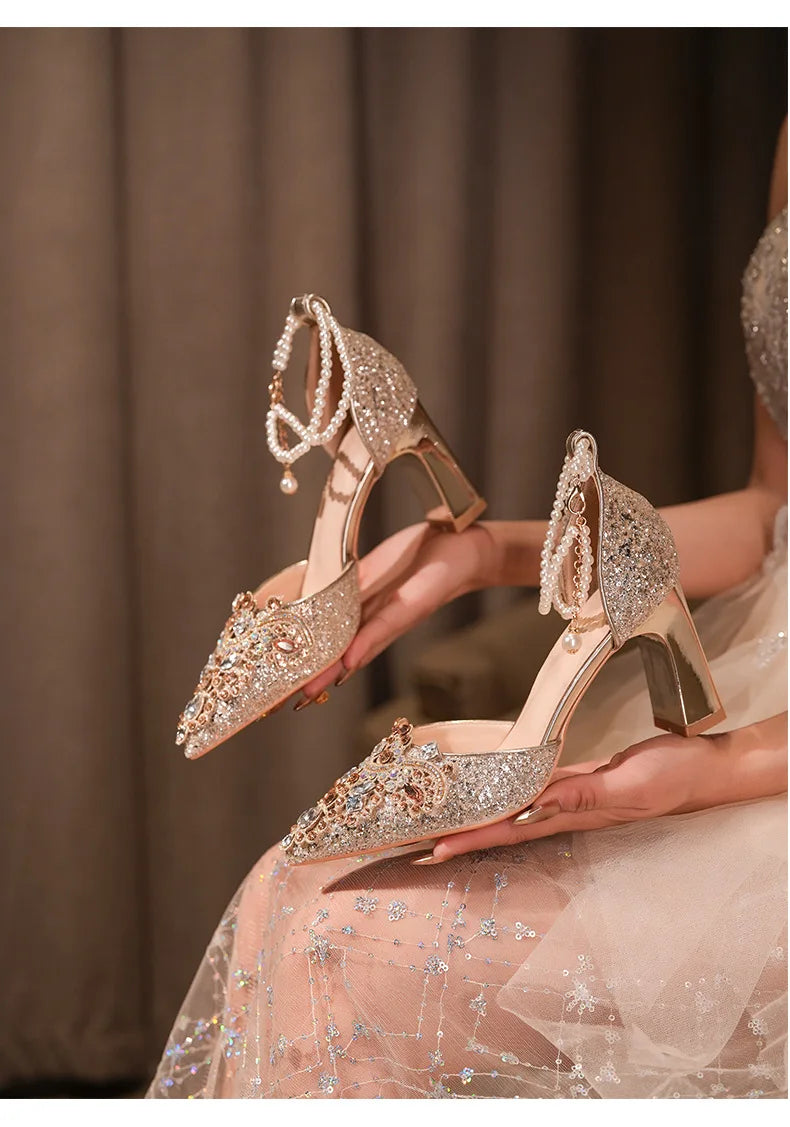 Golden Crystal Wedding Stilettos - Rhinestone Ankle Strap Heels