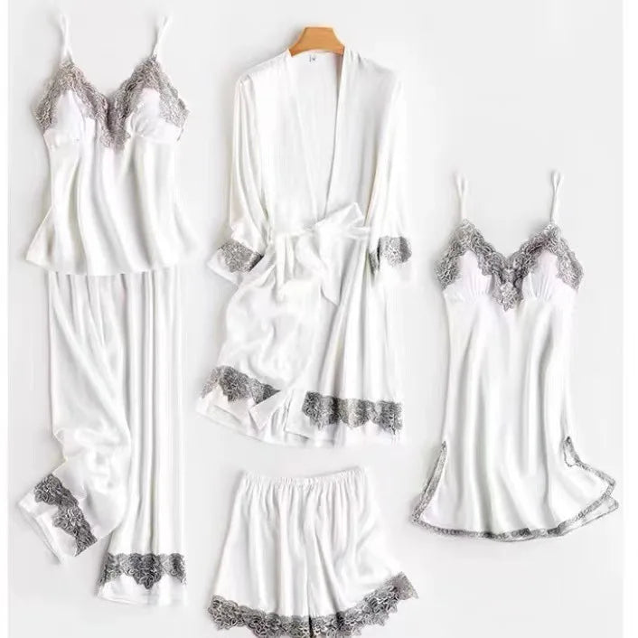 Lace 5PCS Sleepwear Nightgown Sets Bride Kimono Bathrobe Gown Satin Lady Nighty&Robe Sleep Suit Sexy Home Clothes Wedding Robe