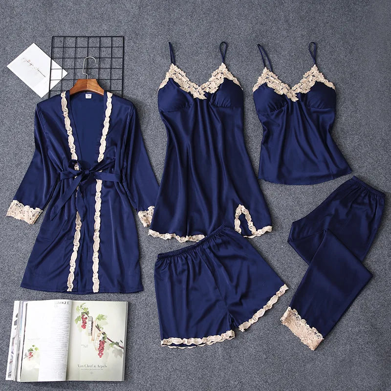 Lace 5PCS Sleepwear Nightgown Sets Bride Kimono Bathrobe Gown Satin Lady Nighty&Robe Sleep Suit Sexy Home Clothes Wedding Robe