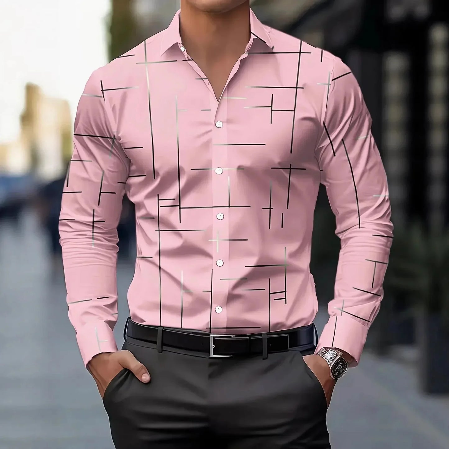 3D Print Line Pattern Shirt - Stand Collar