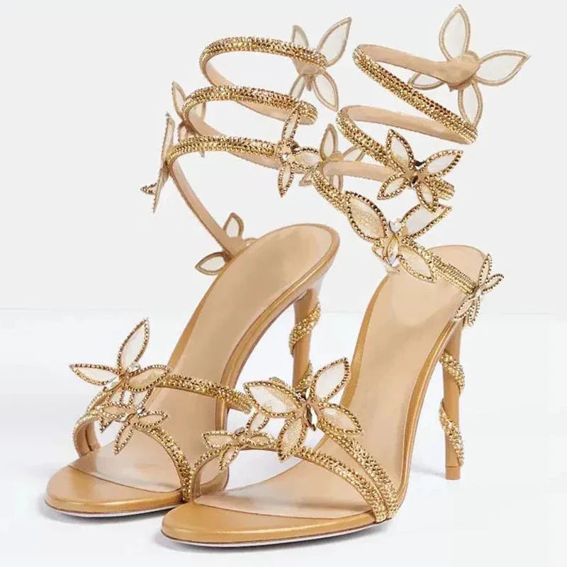 Crystal Flower Thin High Heel Sandals - Ankle Strap Stilettos