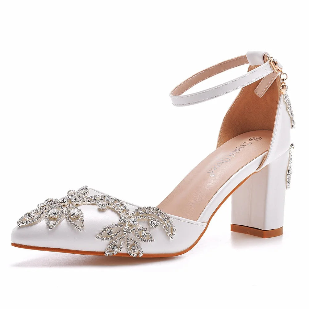 Rhinestone Thick Heel Wedding Sandals - Pointed Toe Bridal Shoes