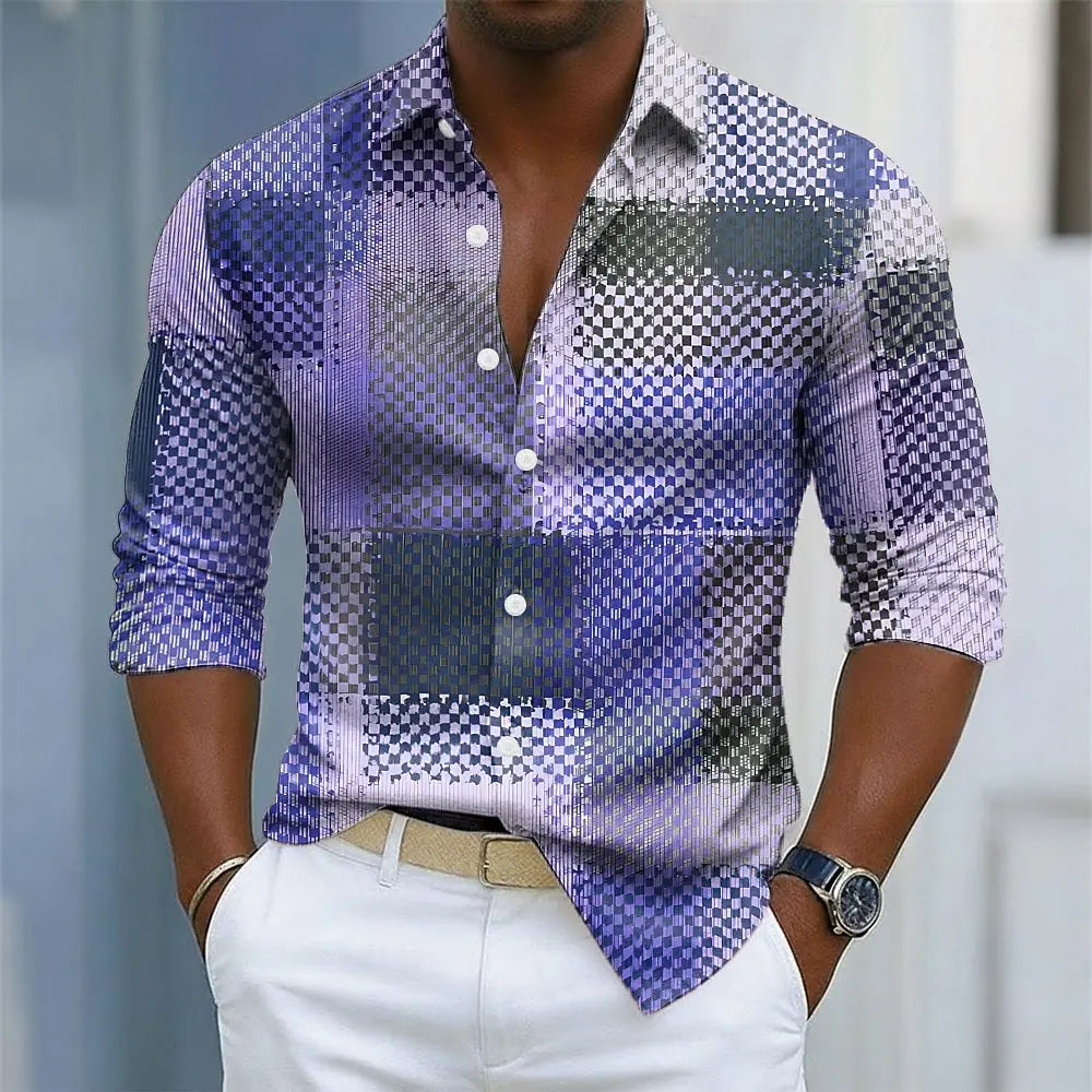 Men's Geometric Grid Plaid Shirt | Long Sleeve