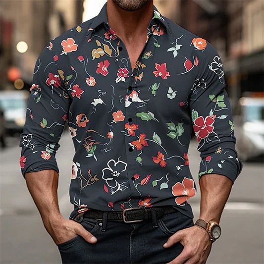 Men's Color Block Shirt - Long Sleeve Lapel Button Down