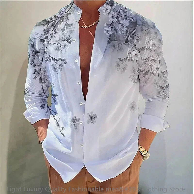 3D Floral Print Shirt - Long Sleeve Mandarin Collar
