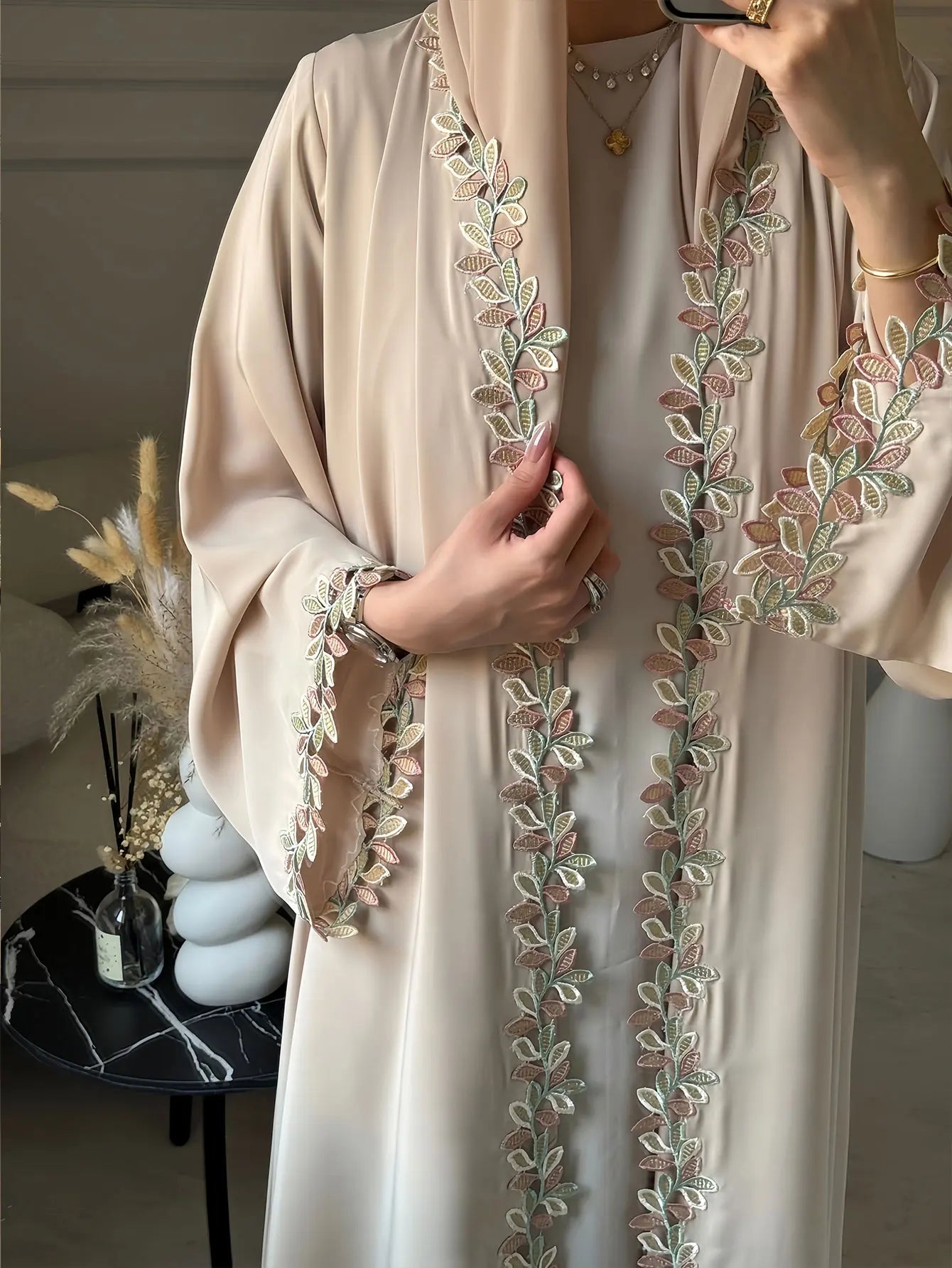 Embroidered Beige Abaya - Modest Fashion
