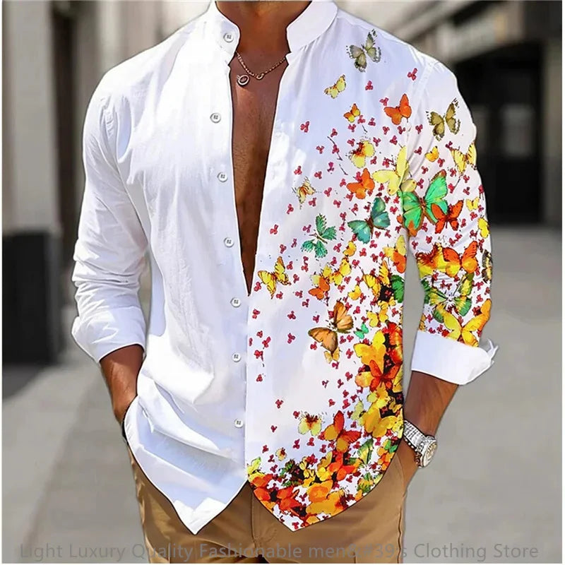 3D Floral Print Shirt - Long Sleeve Mandarin Collar