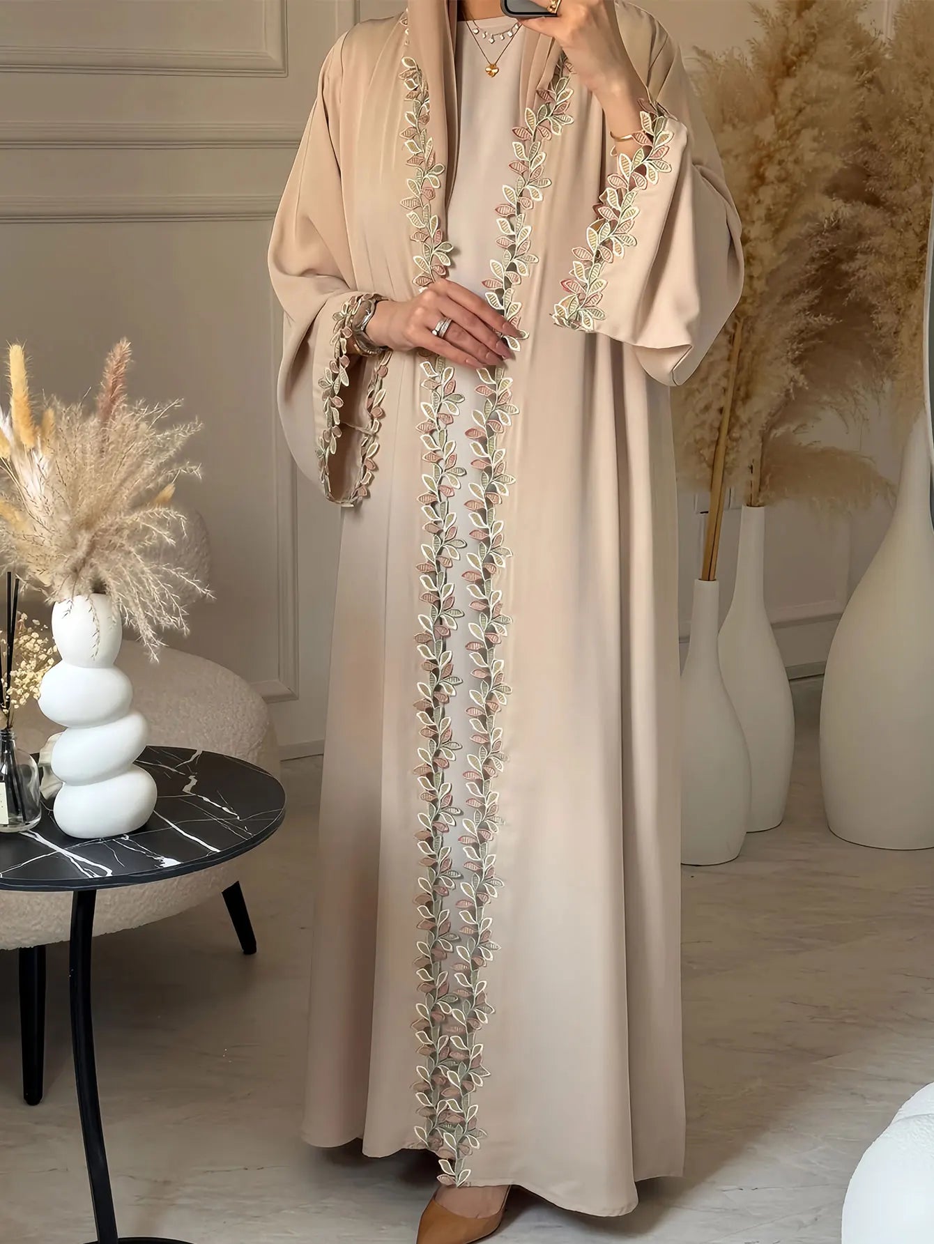 Embroidered Beige Abaya - Modest Fashion