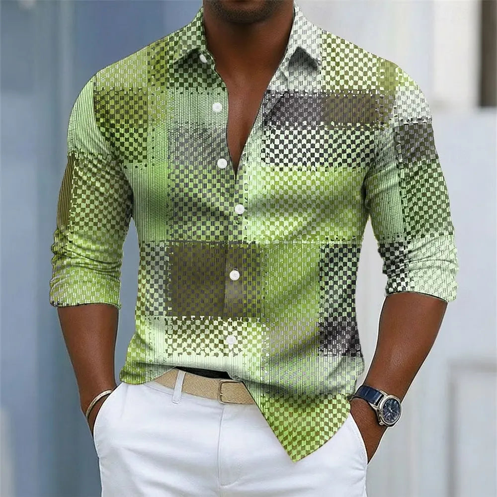 Men's Geometric Grid Plaid Shirt | Long Sleeve