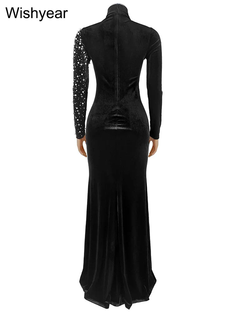 Luxury Diamond Embellished Mermaid Gown - Long Sleeve Evening Dress