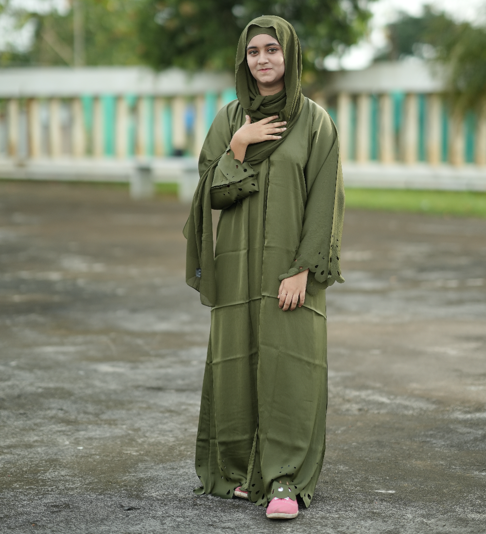 Olive Green Modest Fashion Set - Laser Cut Tunic with Palazzo Pants & Hijab