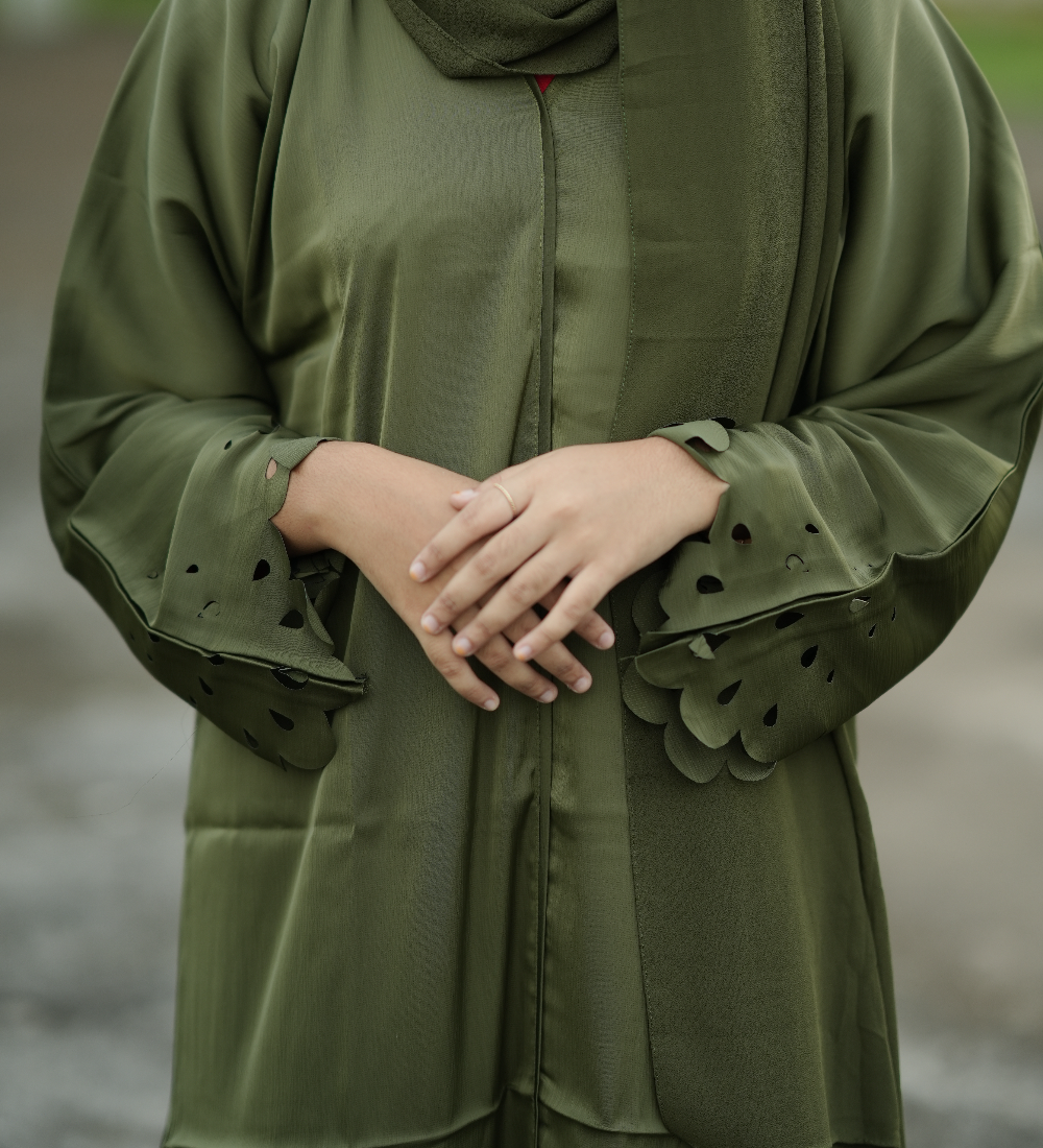 Olive Green Modest Fashion Set - Laser Cut Tunic with Palazzo Pants & Hijab