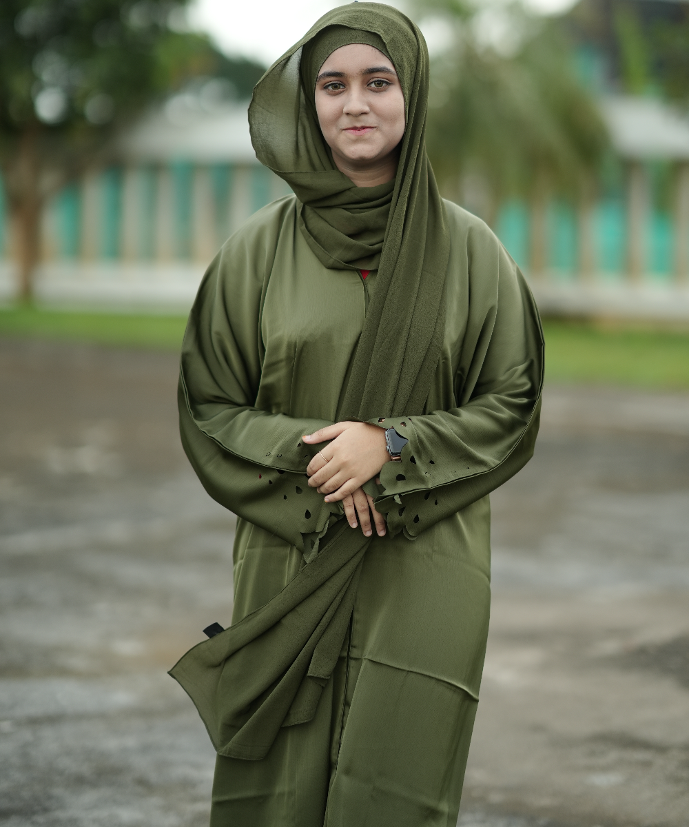 Olive Green Modest Fashion Set - Laser Cut Tunic with Palazzo Pants & Hijab