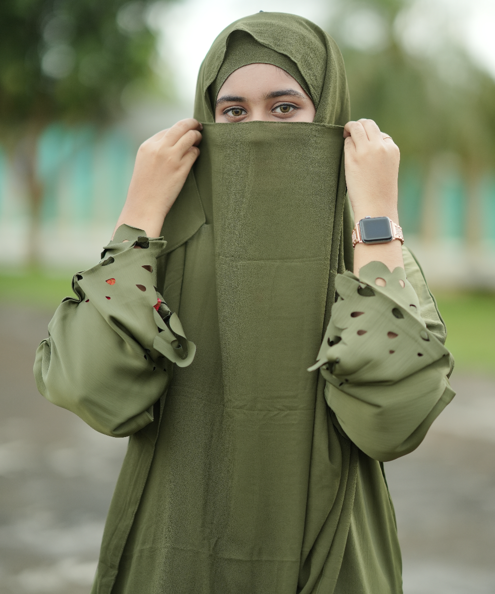 Olive Green Modest Fashion Set - Laser Cut Tunic with Palazzo Pants & Hijab