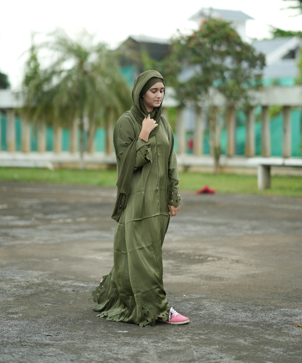 Olive Green Modest Fashion Set - Laser Cut Tunic with Palazzo Pants & Hijab