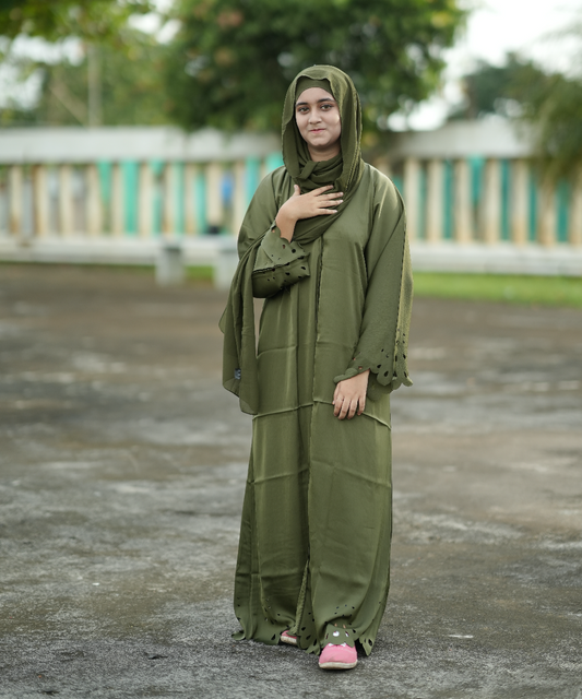 Olive Green Modest Fashion Set - Laser Cut Tunic with Palazzo Pants & Hijab