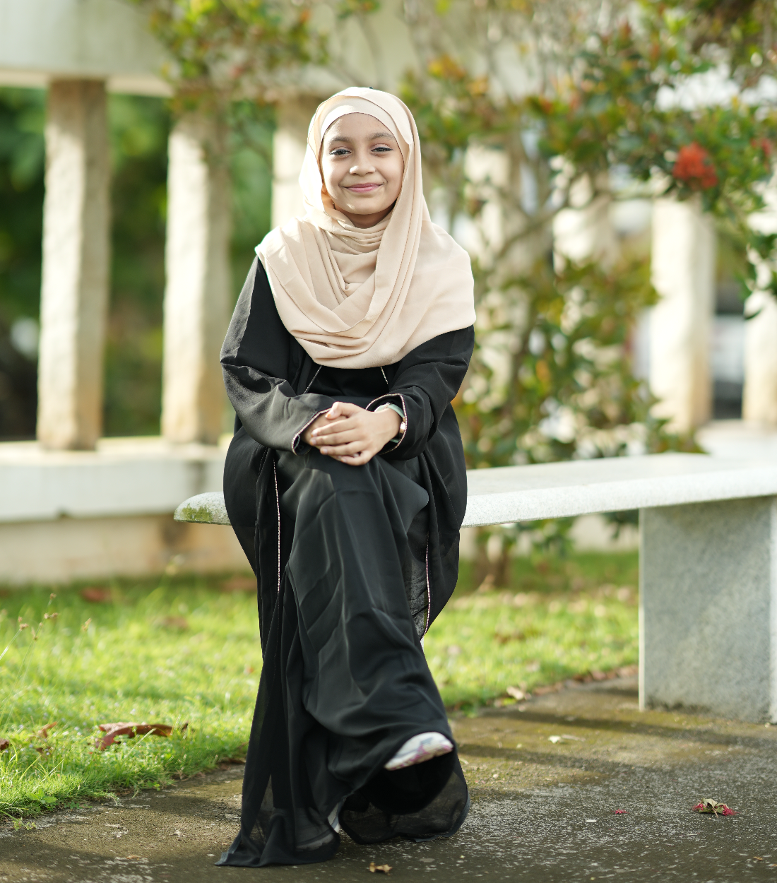 Elegant Black Abaya with Beige Hijab